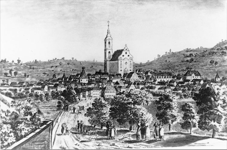 Abb.: Älteste Gesamtansicht der Stadt Ettenheim mit Kirche, Rathaus, Palais Rohan und dem 1814 errichteten Fruchtspeicher, dem heutigen Vereinshaus mit Stadtbücherei und Museum.