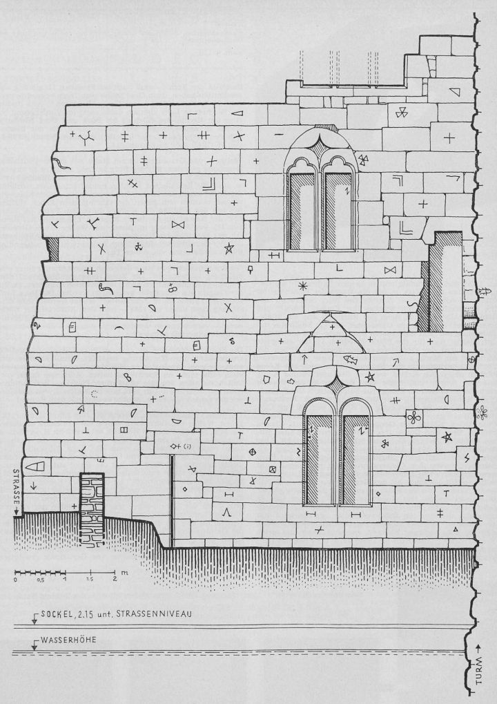 Tiefburg Lahr. Steinplan der östlichen Pallasmauer mit den Steinmetzzeichen - Zeichnung Karl List